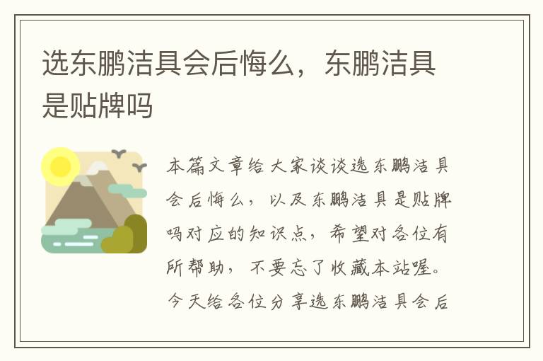 选东鹏洁具会后悔么，东鹏洁具是贴牌吗