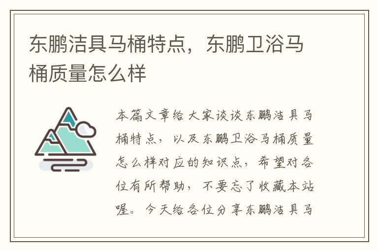 东鹏洁具马桶特点，东鹏卫浴马桶质量怎么样