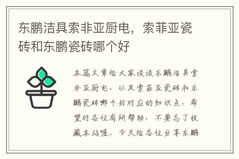 东鹏洁具索非亚厨电，索菲亚瓷砖和东鹏瓷砖哪个好